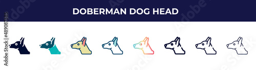 doberman dog head icon in 8 styles. line, filled, glyph, thin outline, colorful, stroke and gradient styles, doberman dog head vector sign. symbol, logo illustration. different style icons set.