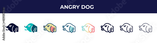 angry dog icon in 8 styles. line, filled, glyph, thin outline, colorful, stroke and gradient styles, angry dog vector sign. symbol, logo illustration. different style icons set.