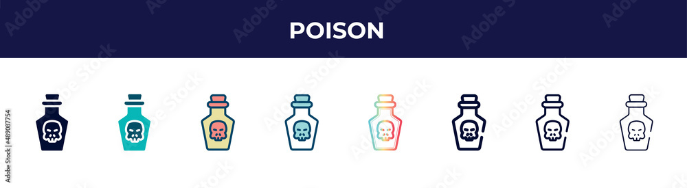poison icon in 8 styles. line, filled, glyph, thin outline, colorful, stroke and gradient styles, poison vector sign. symbol, logo illustration. different style icons set. poison icon in 8 styles. line, filled, glyph, thin outline, colorful, stroke and gradient styles, poison vector sign. symbol, logo illustration. different style icons set.