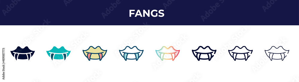fangs icon in 8 styles. line, filled, glyph, thin outline, colorful, stroke and gradient styles, fangs vector sign. symbol, logo illustration. different style icons set.