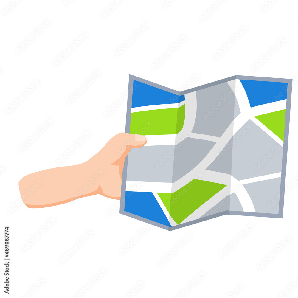 City map in hand. Navigation and route search. Tourism and travel. Paper map of City streets. Flat cartoon City map in hand. Navigation and route search. Tourism and travel. Paper map of City streets. Flat cartoon