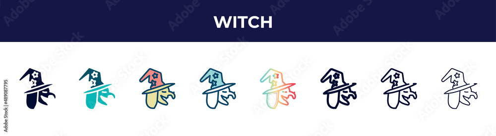witch icon in 8 styles. line, filled, glyph, thin outline, colorful, stroke and gradient styles, witch vector sign. symbol, logo illustration. different style icons set. witch icon in 8 styles. line, filled, glyph, thin outline, colorful, stroke and gradient styles, witch vector sign. symbol, logo illustration. different style icons set.