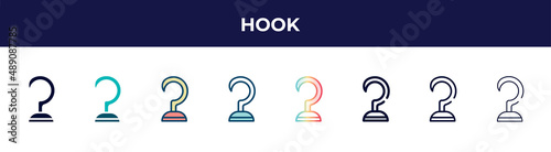hook icon in 8 styles. line, filled, glyph, thin outline, colorful, stroke and gradient styles, hook vector sign. symbol, logo illustration. different style icons set.