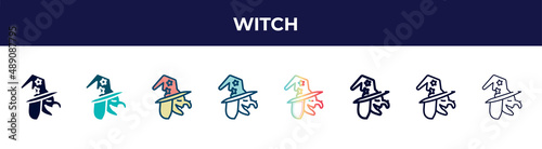 witch icon in 8 styles. line, filled, glyph, thin outline, colorful, stroke and gradient styles, witch vector sign. symbol, logo illustration. different style icons set.