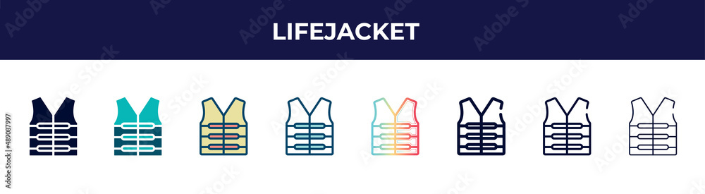 lifejacket icon in 8 styles. line, filled, glyph, thin outline, colorful, stroke and gradient styles, lifejacket vector sign. symbol, logo illustration. different style icons set. lifejacket icon in 8 styles. line, filled, glyph, thin outline, colorful, stroke and gradient styles, lifejacket vector sign. symbol, logo illustration. different style icons set.