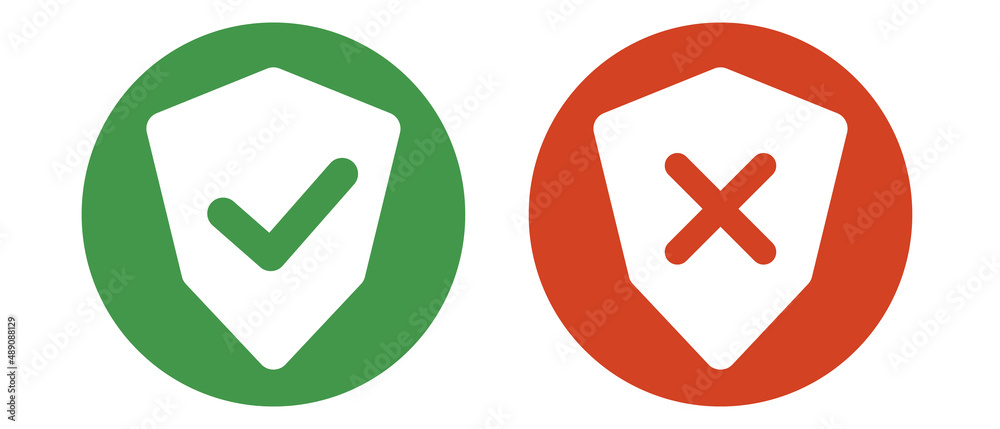 Shield icon set with check mark and cross mark. Vector. Shield icon set with check mark and cross mark. Vector.