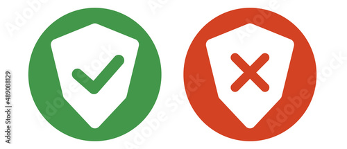 Shield icon set with check mark and cross mark. Vector.
