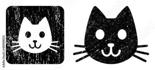 Vector kitty had subtracted icon. Grunge kitty had stamp, done with icon and rounded square. Rounded square seal include kitty had subtracted shape inside. Vector kitty had grunge images.