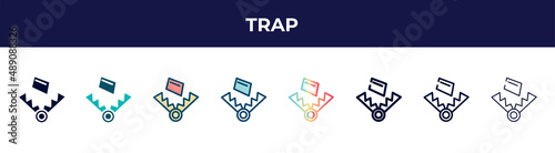 trap icon in 8 styles. line, filled, glyph, thin outline, colorful, stroke and gradient styles, trap vector sign. symbol, logo illustration. different style icons set.