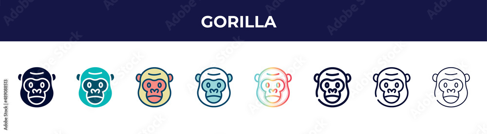 gorilla icon in 8 styles. line, filled, glyph, thin outline, colorful, stroke and gradient styles, gorilla vector sign. symbol, logo illustration. different style icons set. gorilla icon in 8 styles. line, filled, glyph, thin outline, colorful, stroke and gradient styles, gorilla vector sign. symbol, logo illustration. different style icons set.