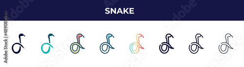 snake icon in 8 styles. line, filled, glyph, thin outline, colorful, stroke and gradient styles, snake vector sign. symbol, logo illustration. different style icons set.