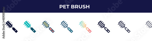 pet brush icon in 8 styles. line, filled, glyph, thin outline, colorful, stroke and gradient styles, pet brush vector sign. symbol, logo illustration. different style icons set.