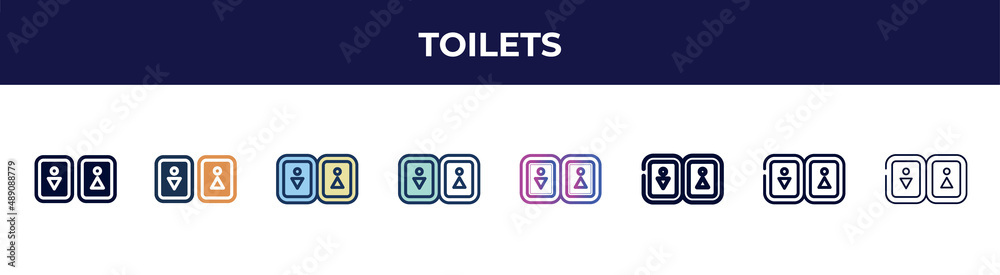 toilets icon in 8 styles. line, filled, glyph, thin outline, colorful, stroke and gradient styles, toilets vector sign. symbol, logo illustration. different style icons set.
