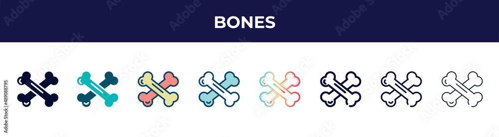 bones icon in 8 styles. line, filled, glyph, thin outline, colorful, stroke and gradient styles, bones vector sign. symbol, logo illustration. different style icons set. bones icon in 8 styles. line, filled, glyph, thin outline, colorful, stroke and gradient styles, bones vector sign. symbol, logo illustration. different style icons set.