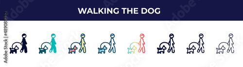 walking the dog icon in 8 styles. line, filled, glyph, thin outline, colorful, stroke and gradient styles, walking the dog vector sign. symbol, logo illustration. different style icons set.