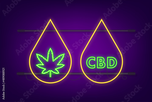 Creative cannabis leaf vector neon icon. Template for CBD Cannabidiol. Vector illustration.