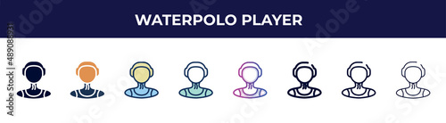 waterpolo player icon in 8 styles. line, filled, glyph, thin outline, colorful, stroke and gradient styles, waterpolo player vector sign. symbol, logo illustration. different style icons set.