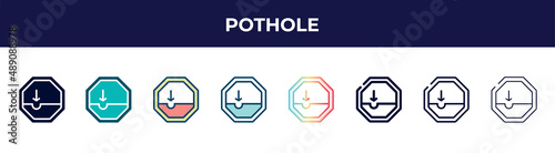 pothole icon in 8 styles. line, filled, glyph, thin outline, colorful, stroke and gradient styles, pothole vector sign. symbol, logo illustration. different style icons set.