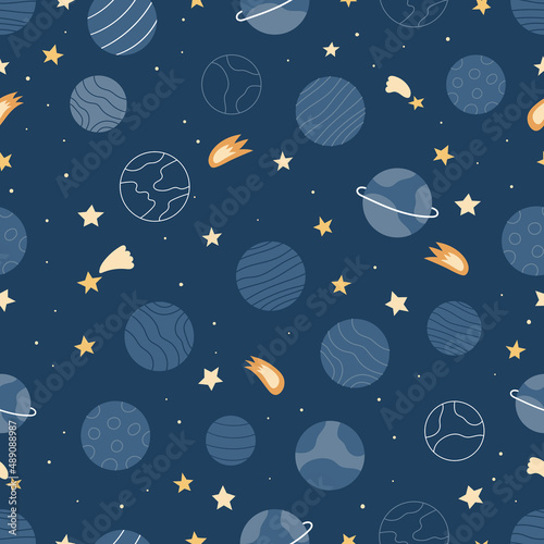 Space seamless pattern with planets, stars and comets on dark blue background. Flat style cartoon illustration.