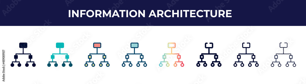 information architecture icon in 8 styles. line, filled, glyph, thin outline, colorful, stroke and gradient styles, information architecture vector sign. symbol, logo illustration. different style