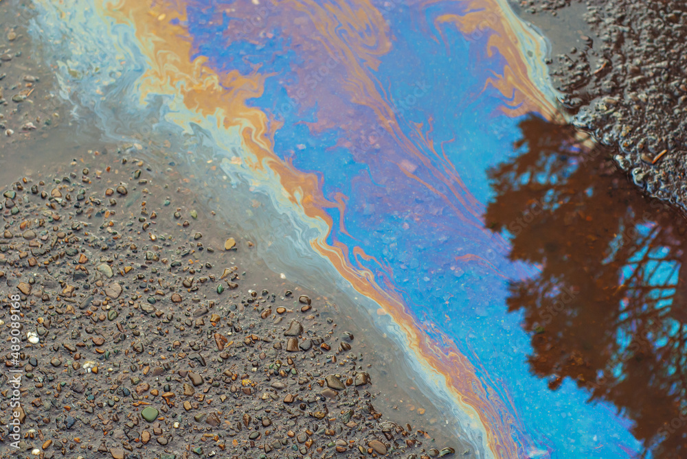 Oil stains on wet asphalt. Puddles are contaminated with multicolored streams of oil. The concept of environmental pollution, oil spills and environmental problems.
