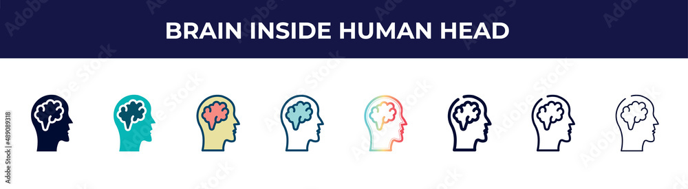 brain inside human head icon in 8 styles. line, filled, glyph, thin outline, colorful, stroke and gradient styles, brain inside human head vector sign. symbol, logo illustration. different style