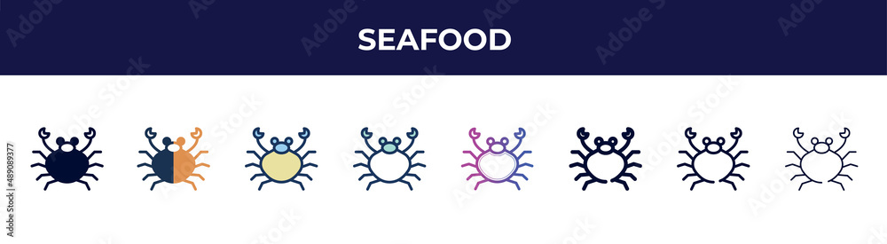 seafood icon in 8 styles. line, filled, glyph, thin outline, colorful, stroke and gradient styles, seafood vector sign. symbol, logo illustration. different style icons set. seafood icon in 8 styles. line, filled, glyph, thin outline, colorful, stroke and gradient styles, seafood vector sign. symbol, logo illustration. different style icons set.