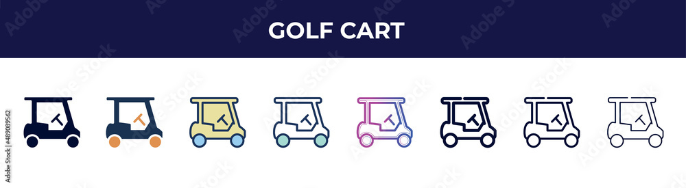 golf cart icon in 8 styles. line, filled, glyph, thin outline, colorful, stroke and gradient styles, golf cart vector sign. symbol, logo illustration. different style icons set.