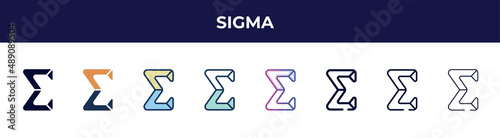 sigma icon in 8 styles. line, filled, glyph, thin outline, colorful, stroke and gradient styles, sigma vector sign. symbol, logo illustration. different style icons set.