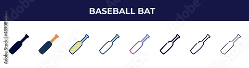 baseball bat icon in 8 styles. line, filled, glyph, thin outline, colorful, stroke and gradient styles, baseball bat vector sign. symbol, logo illustration. different style icons set.