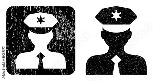 Vector police officer stencil icon. Grunge police officer seal, done from icon and rounded square. Rounded square seal contain police officer carving inside. Vector police officer grunge images.