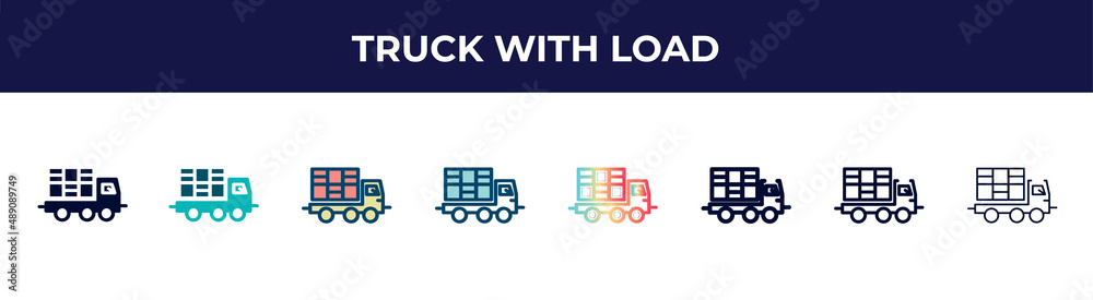 truck with load icon in 8 styles. line, filled, glyph, thin outline, colorful, stroke and gradient styles, truck with load vector sign. symbol, logo illustration. different style icons set. truck with load icon in 8 styles. line, filled, glyph, thin outline, colorful, stroke and gradient styles, truck with load vector sign. symbol, logo illustration. different style icons set.