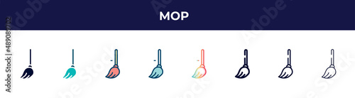 mop icon in 8 styles. line, filled, glyph, thin outline, colorful, stroke and gradient styles, mop vector sign. symbol, logo illustration. different style icons set.