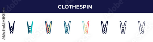 clothespin icon in 8 styles. line, filled, glyph, thin outline, colorful, stroke and gradient styles, clothespin vector sign. symbol, logo illustration. different style icons set.