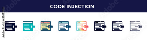 code injection icon in 8 styles. line, filled, glyph, thin outline, colorful, stroke and gradient styles, code injection vector sign. symbol, logo illustration. different style icons set.