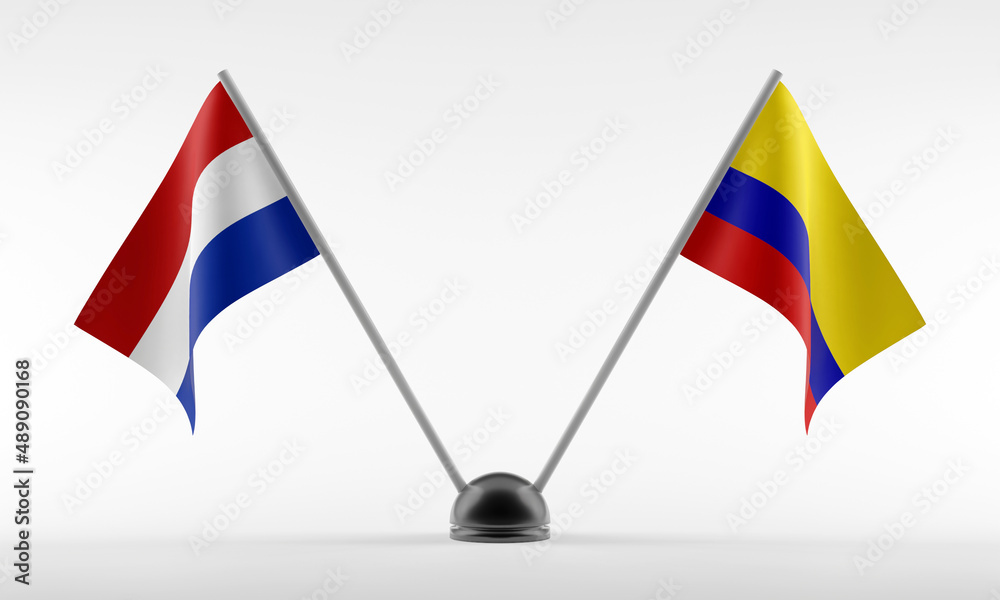 Stand with two national flags. Flags of Colombia and Netherlands. Isolated on a white background. 3d rendering Stand with two national flags. Flags of Colombia and Netherlands. Isolated on a white background. 3d rendering