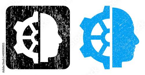 Vector cyborg gear stencil icon. Grunge cyborg gear seal, done from icon and rounded square. Rounded square stamp seal include cyborg gear hole inside. Vector cyborg gear grunge images.