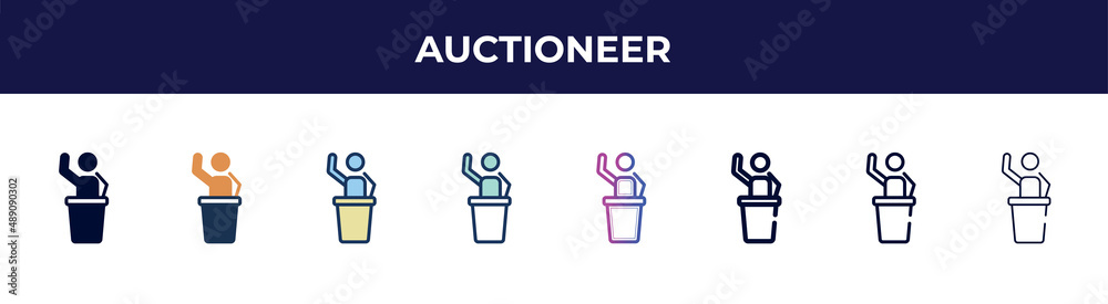 auctioneer icon in 8 styles. line, filled, glyph, thin outline, colorful, stroke and gradient styles, auctioneer vector sign. symbol, logo illustration. different style icons set. auctioneer icon in 8 styles. line, filled, glyph, thin outline, colorful, stroke and gradient styles, auctioneer vector sign. symbol, logo illustration. different style icons set.