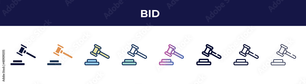 bid icon in 8 styles. line, filled, glyph, thin outline, colorful, stroke and gradient styles, bid vector sign. symbol, logo illustration. different style icons set.