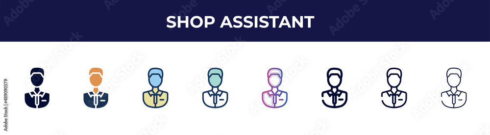 shop assistant icon in 8 styles. line, filled, glyph, thin outline, colorful, stroke and gradient styles, shop assistant vector sign. symbol, logo illustration. different style icons set. shop assistant icon in 8 styles. line, filled, glyph, thin outline, colorful, stroke and gradient styles, shop assistant vector sign. symbol, logo illustration. different style icons set.