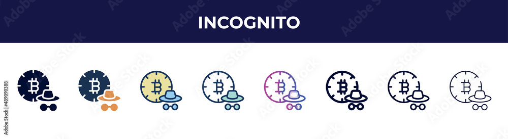 incognito icon in 8 styles. line, filled, glyph, thin outline, colorful, stroke and gradient styles, incognito vector sign. symbol, logo illustration. different style icons set.