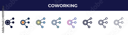 coworking icon in 8 styles. line, filled, glyph, thin outline, colorful, stroke and gradient styles, coworking vector sign. symbol, logo illustration. different style icons set.
