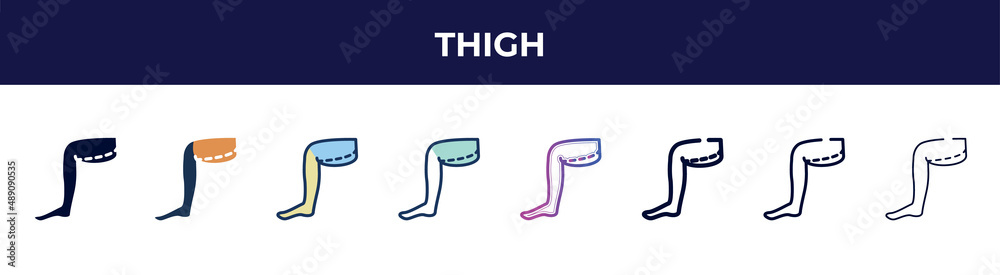 thigh icon in 8 styles. line, filled, glyph, thin outline, colorful, stroke and gradient styles, thigh vector sign. symbol, logo illustration. different style icons set. thigh icon in 8 styles. line, filled, glyph, thin outline, colorful, stroke and gradient styles, thigh vector sign. symbol, logo illustration. different style icons set.