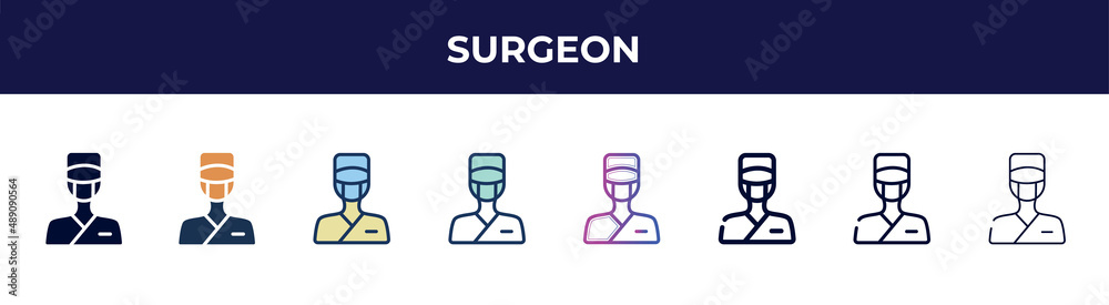 surgeon icon in 8 styles. line, filled, glyph, thin outline, colorful, stroke and gradient styles, surgeon vector sign. symbol, logo illustration. different style icons set. surgeon icon in 8 styles. line, filled, glyph, thin outline, colorful, stroke and gradient styles, surgeon vector sign. symbol, logo illustration. different style icons set.