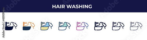 hair washing icon in 8 styles. line, filled, glyph, thin outline, colorful, stroke and gradient styles, hair washing vector sign. symbol, logo illustration. different style icons set.