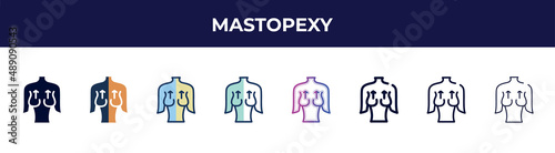 mastopexy icon in 8 styles. line, filled, glyph, thin outline, colorful, stroke and gradient styles, mastopexy vector sign. symbol, logo illustration. different style icons set.