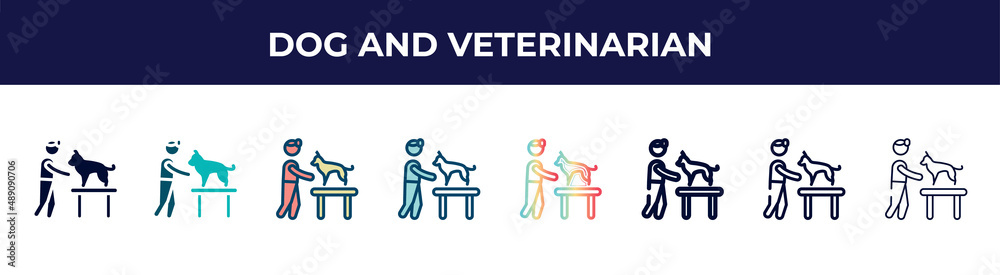dog and veterinarian icon in 8 styles. line, filled, glyph, thin outline, colorful, stroke and gradient styles, dog and veterinarian vector sign. symbol, logo illustration. different style icons