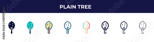 plain tree icon in 8 styles. line, filled, glyph, thin outline, colorful, stroke and gradient styles, plain tree vector sign. symbol, logo illustration. different style icons set.