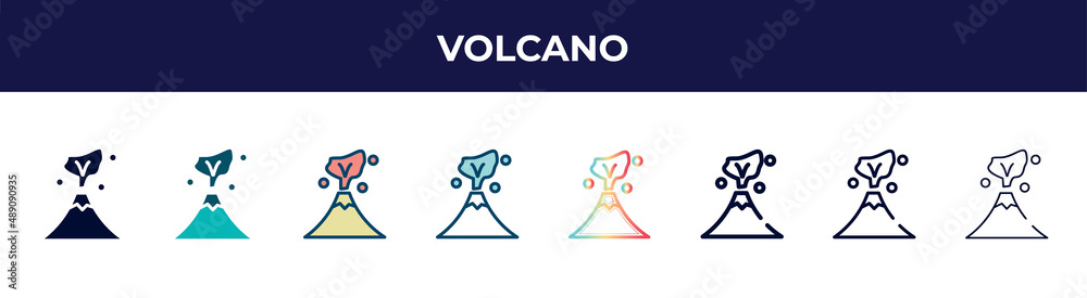 volcano icon in 8 styles. line, filled, glyph, thin outline, colorful, stroke and gradient styles, volcano vector sign. symbol, logo illustration. different style icons set. volcano icon in 8 styles. line, filled, glyph, thin outline, colorful, stroke and gradient styles, volcano vector sign. symbol, logo illustration. different style icons set.