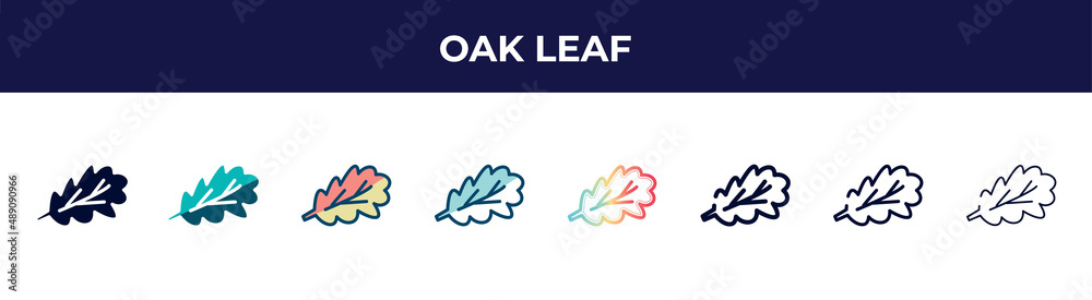 Fototapeta premium oak leaf icon in 8 styles. line, filled, glyph, thin outline, colorful, stroke and gradient styles, oak leaf vector sign. symbol, logo illustration. different style icons set.